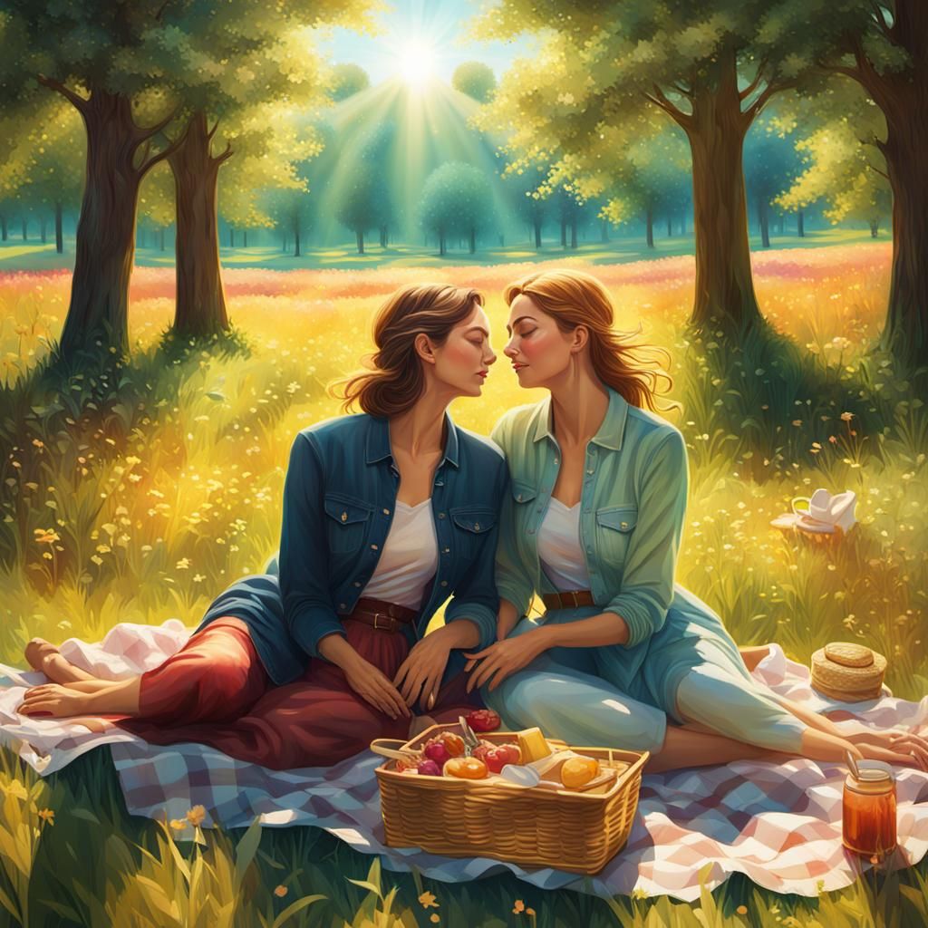 Cuddling Couple in Meadow: Photorealistic Anime Style