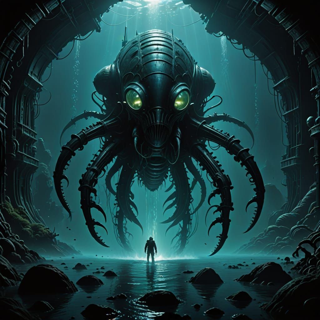 Submarine Among Bioluminescent Flora in Alien Ocean