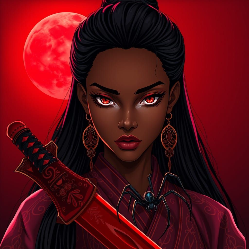 Serene Samurai Goddess Under Crimson Moonlight
