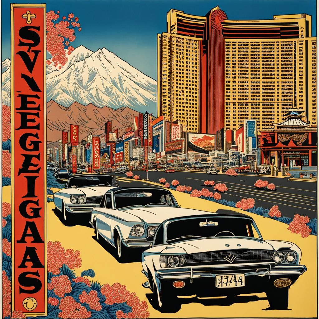 Las Vegas Sign in Hokusai Style Print