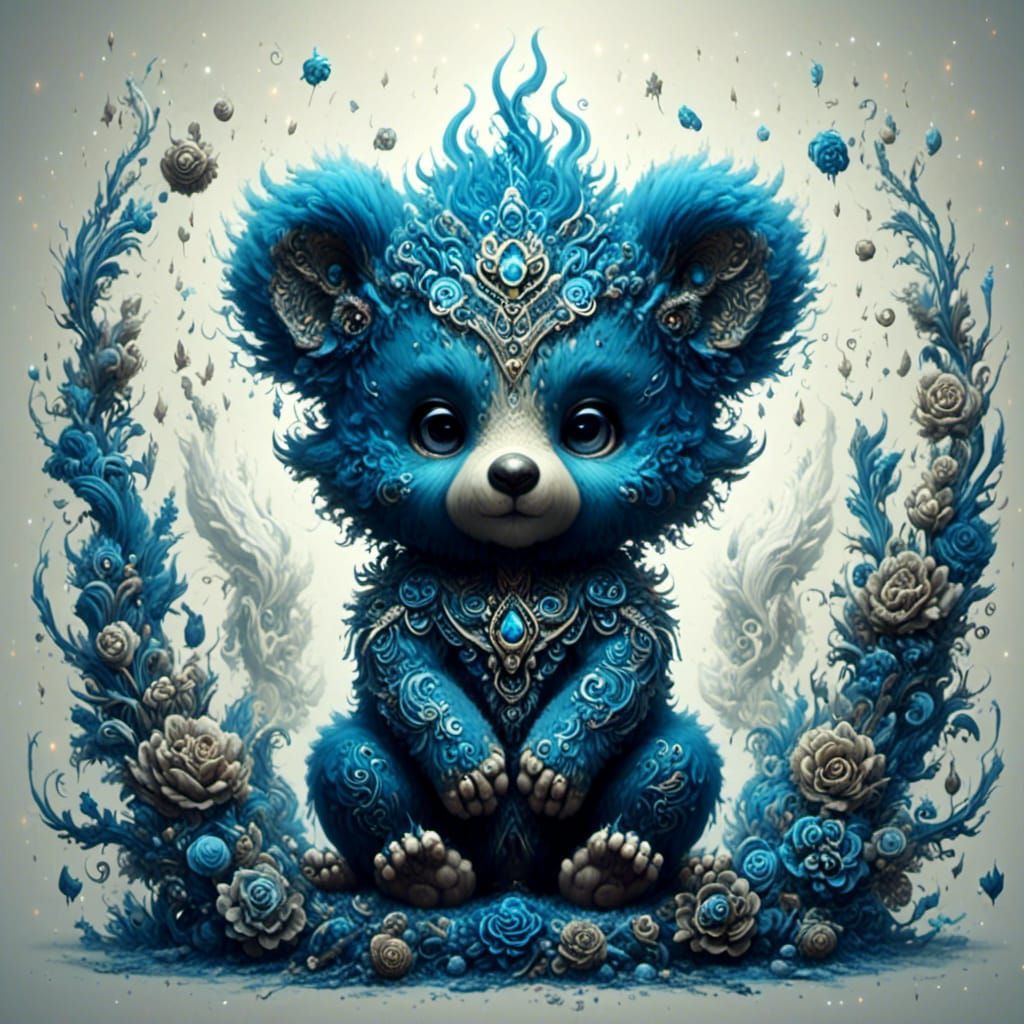 Blue Chibi Bear Cub in Tantra Art Style