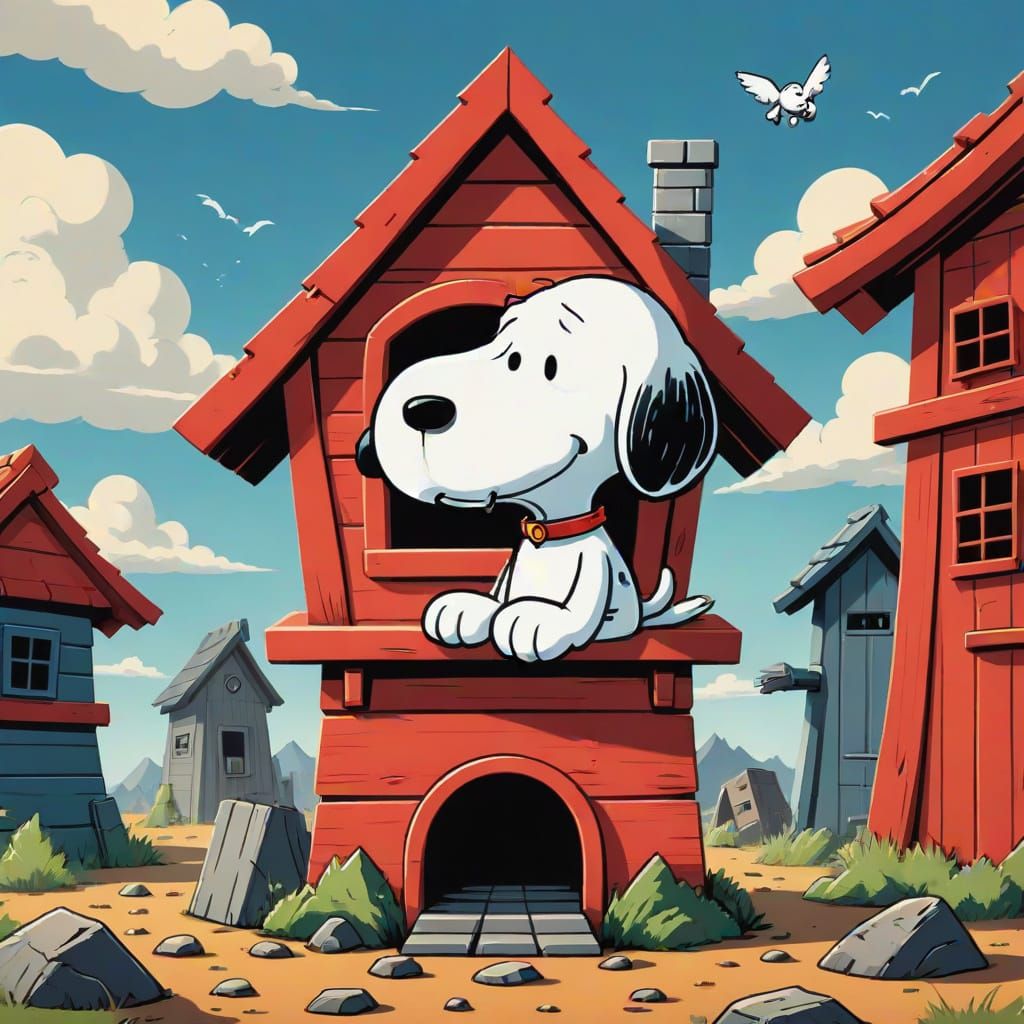 Kaiju Snoopy looking down on his doghouse in a 2d cartoon st...
