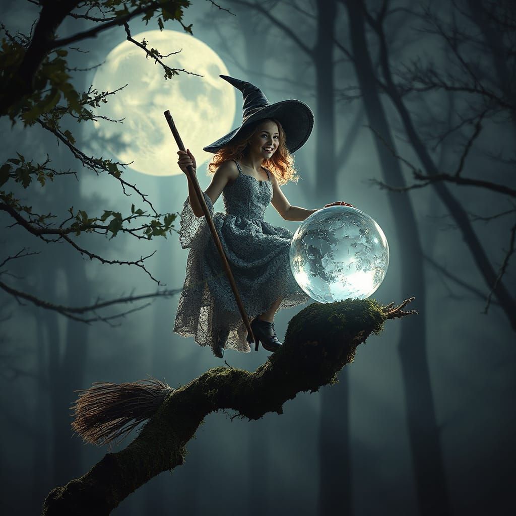 Cheerful Witch Flies Through Misty Forest in Cinematic Style