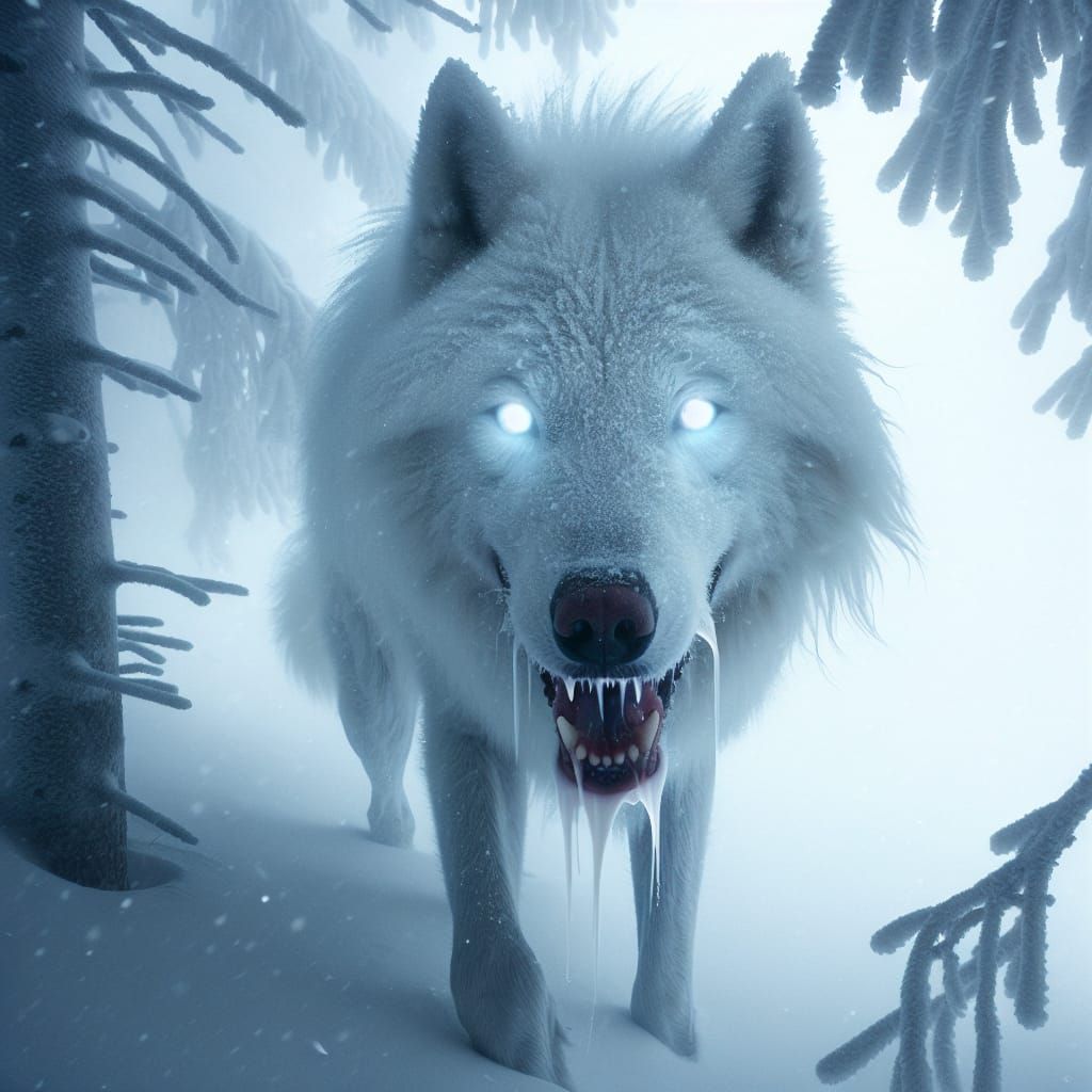 Supernatural White Wolf Amidst Winter Snowstorm