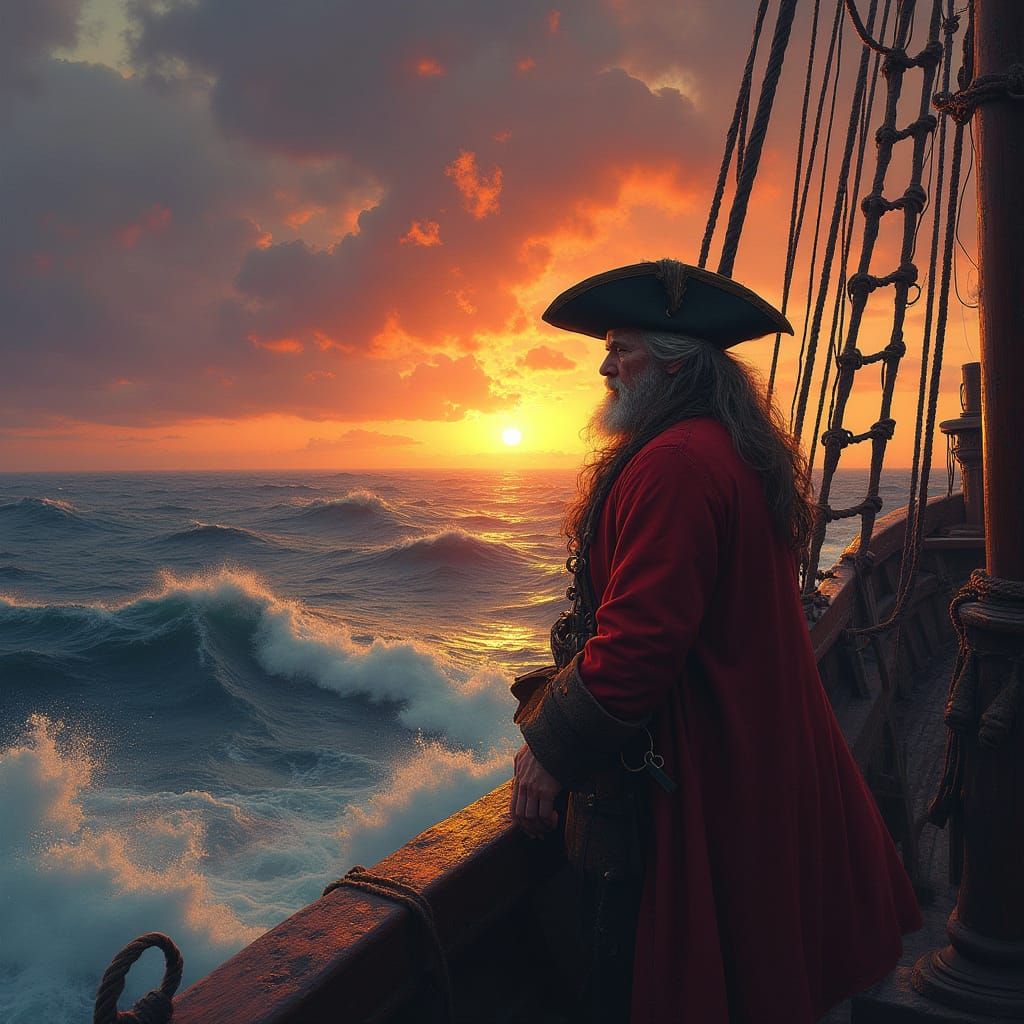 Pirate Captain Gazes at Ocean Sunset in Cinematic Style