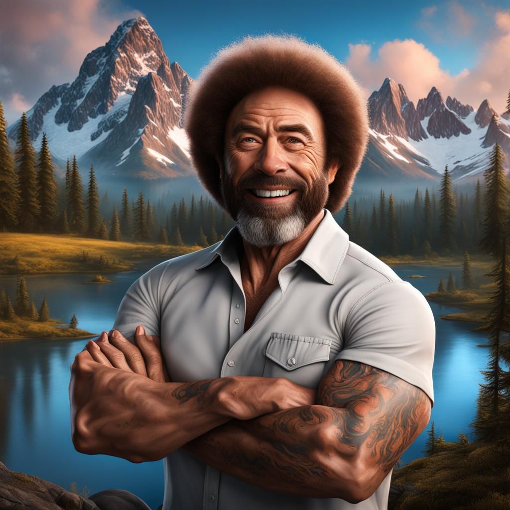 Joe Rogan as Bob Ross: Hyperrealistic Digital Art