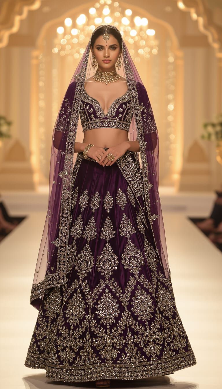 Model in Deep Purple Bridal Lehenga with Silver Embroidery