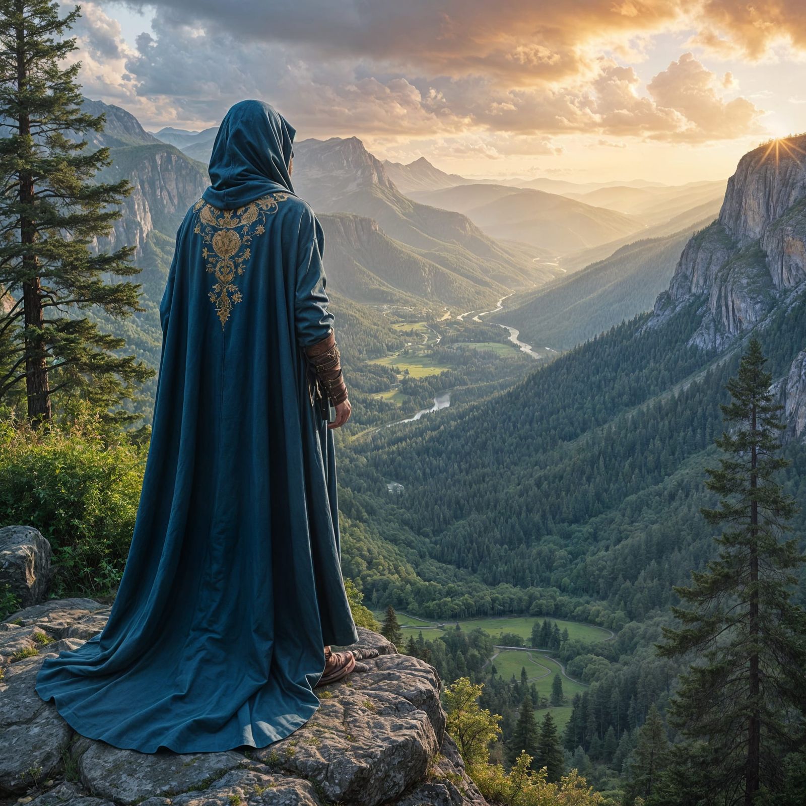 Adventurer Overlooks Forested Valley: Epic Fantasy Sunrise