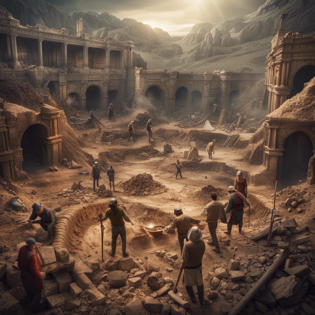 Fantasy Archeological Excavation Site with Workers