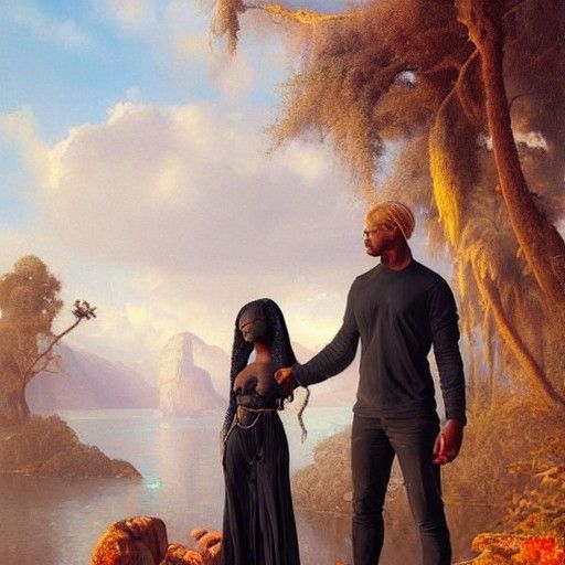 Ebony Woman and Blonde Man: Detailed Matte Painting