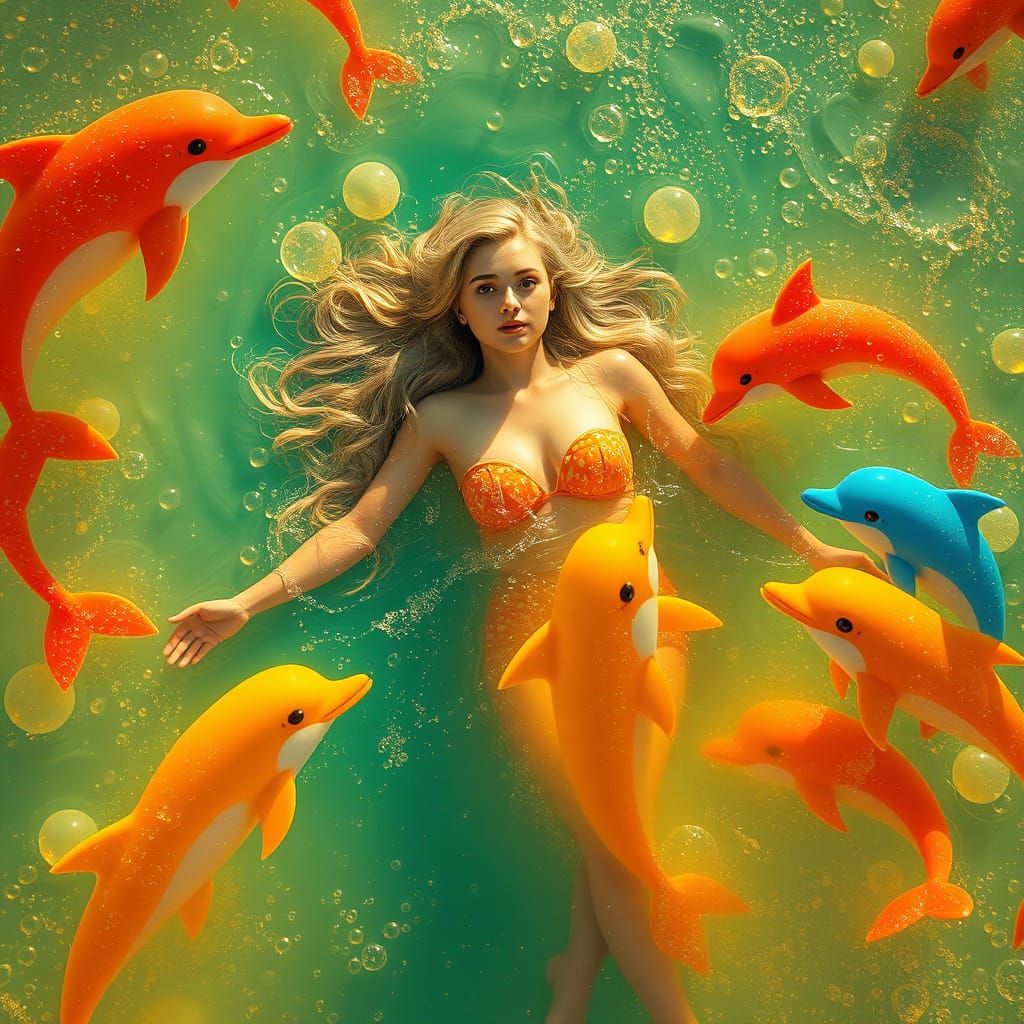 Woman in Soda Ocean with Candy Dolphins
