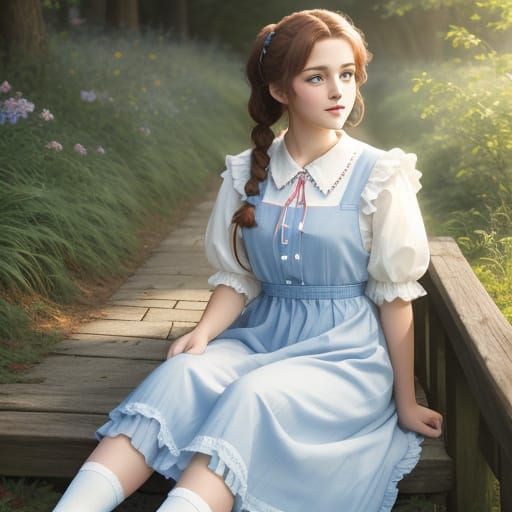 Whimsical Young Woman in Gingham Dress with Ruby Slippers