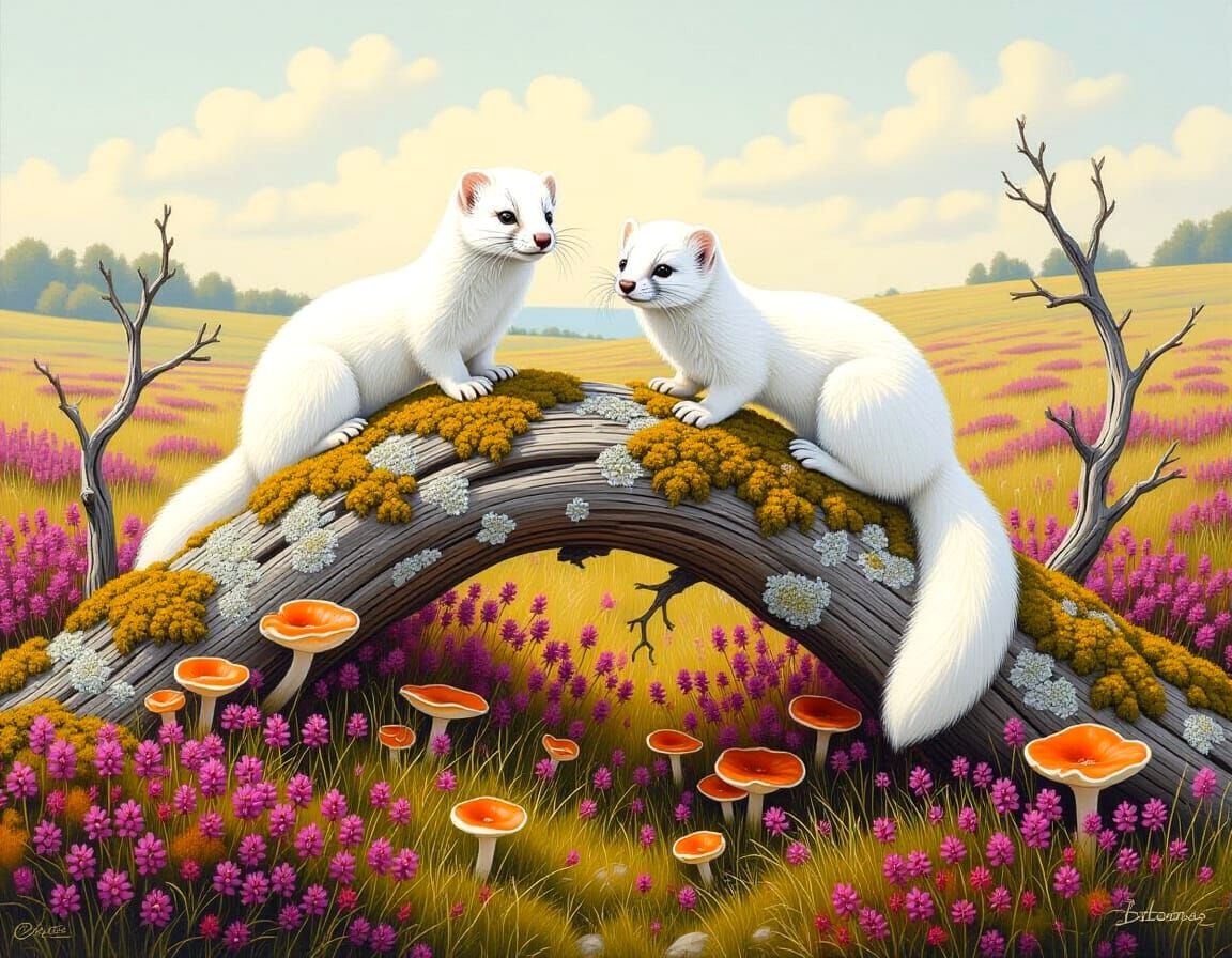White Stoats on Mossy Trunk Airbrush Art