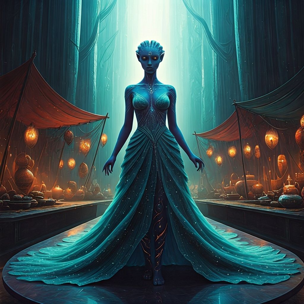 Alien Marketplace with Bioluminescent Model in Digital Art