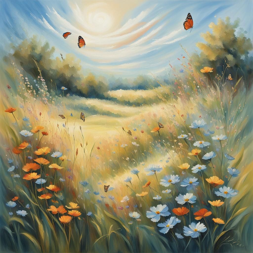A tranquil scene in a sunlit meadow where a gentle breeze rustles through tall grass and colorful wildflowers