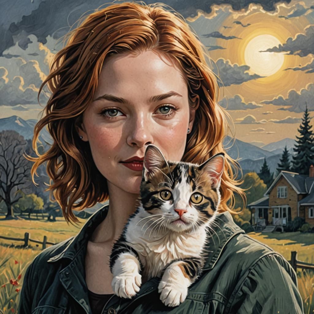 Beauty of the Pencil - Holliday Grainger with a Calico kitten