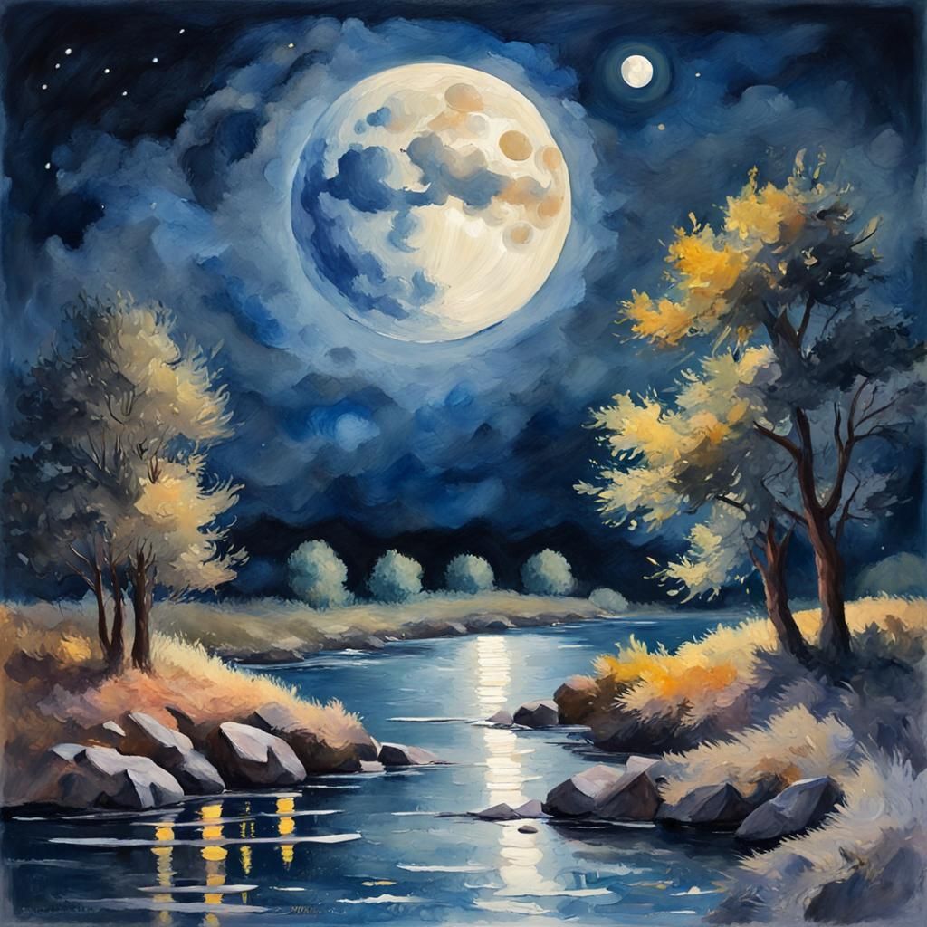 Stary Night Full Moon in Gouache Style