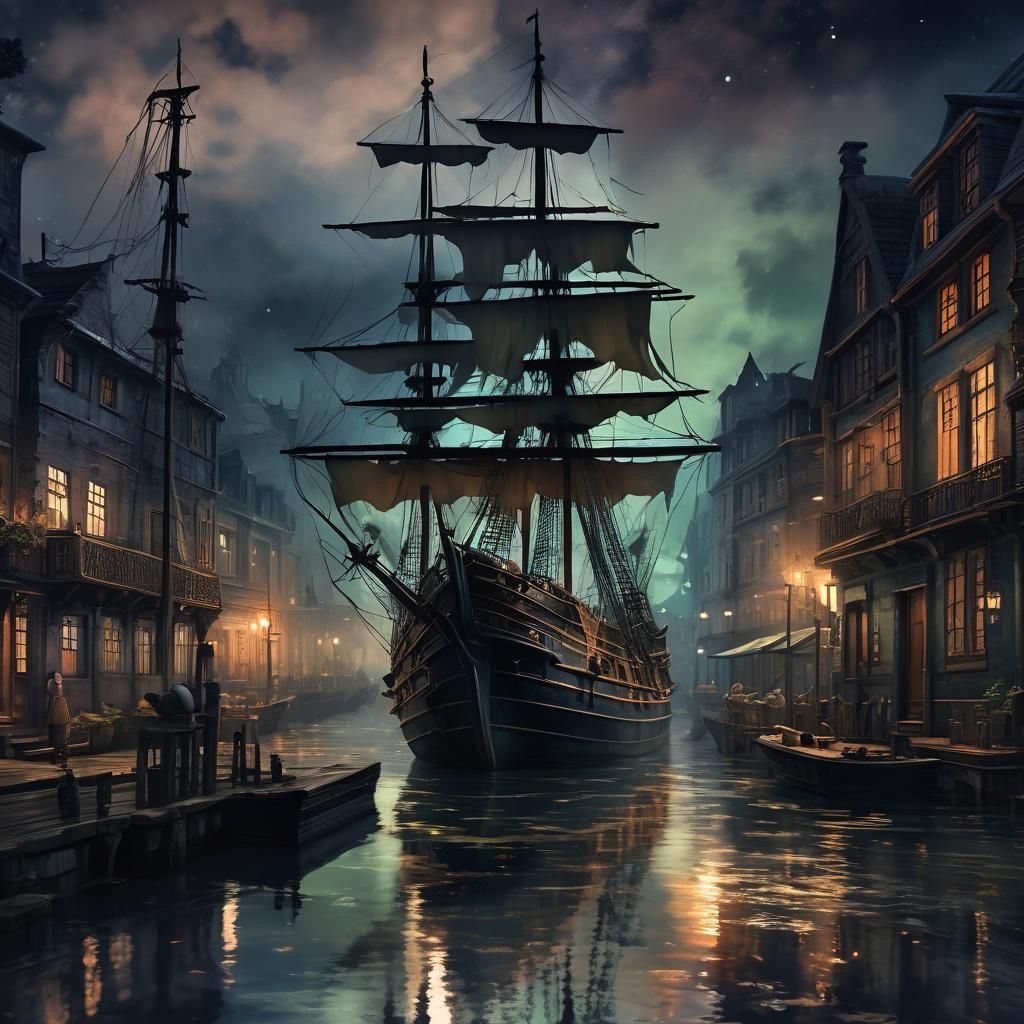 Sailing Ship at Night in Watercolor Style