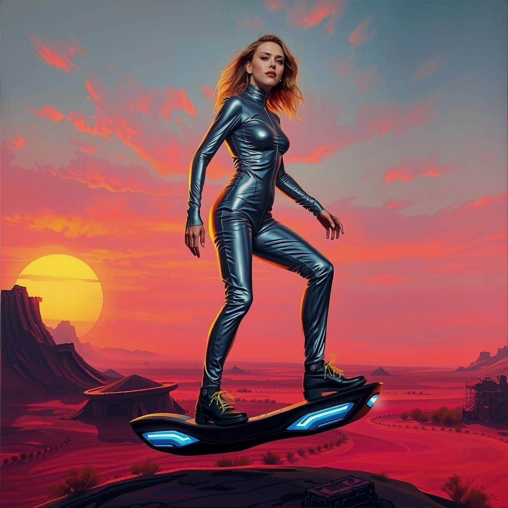 Woman Surfing on Hoverboard in Synthwave Style