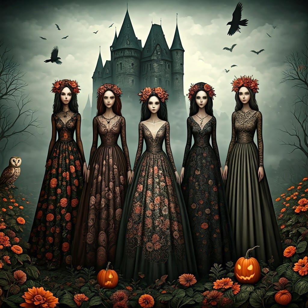 Gothic Female Figures Stand Tall in Mysterious Autumn Landsc...