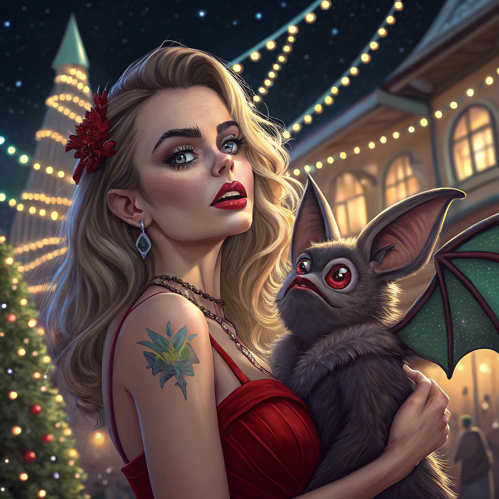 Campy Horror Scene with Model and Bat Creature