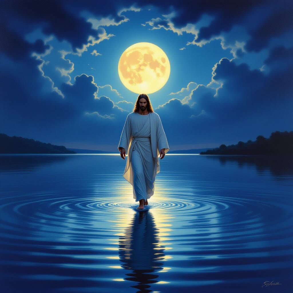 Jesus Christ Walks on Water Under Twilight Sky