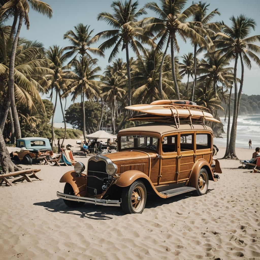 Vintage 1930s Ford Woody on Beach with Surfboards