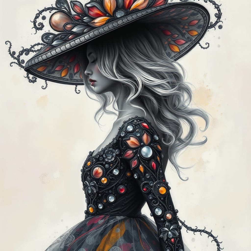 High Fashion Woman with Silver Hair as Impasto Painting