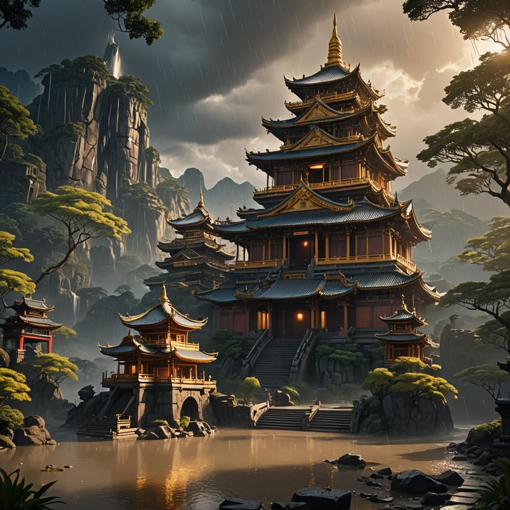 Golden Glow Over Hikari Temple in Summer Rains