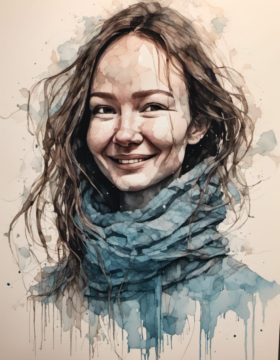 Portrait in Colored Ink and Watercolor