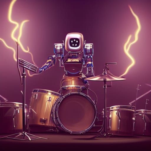 Futuristic Robot Drummer in Electric, Fiery Performance