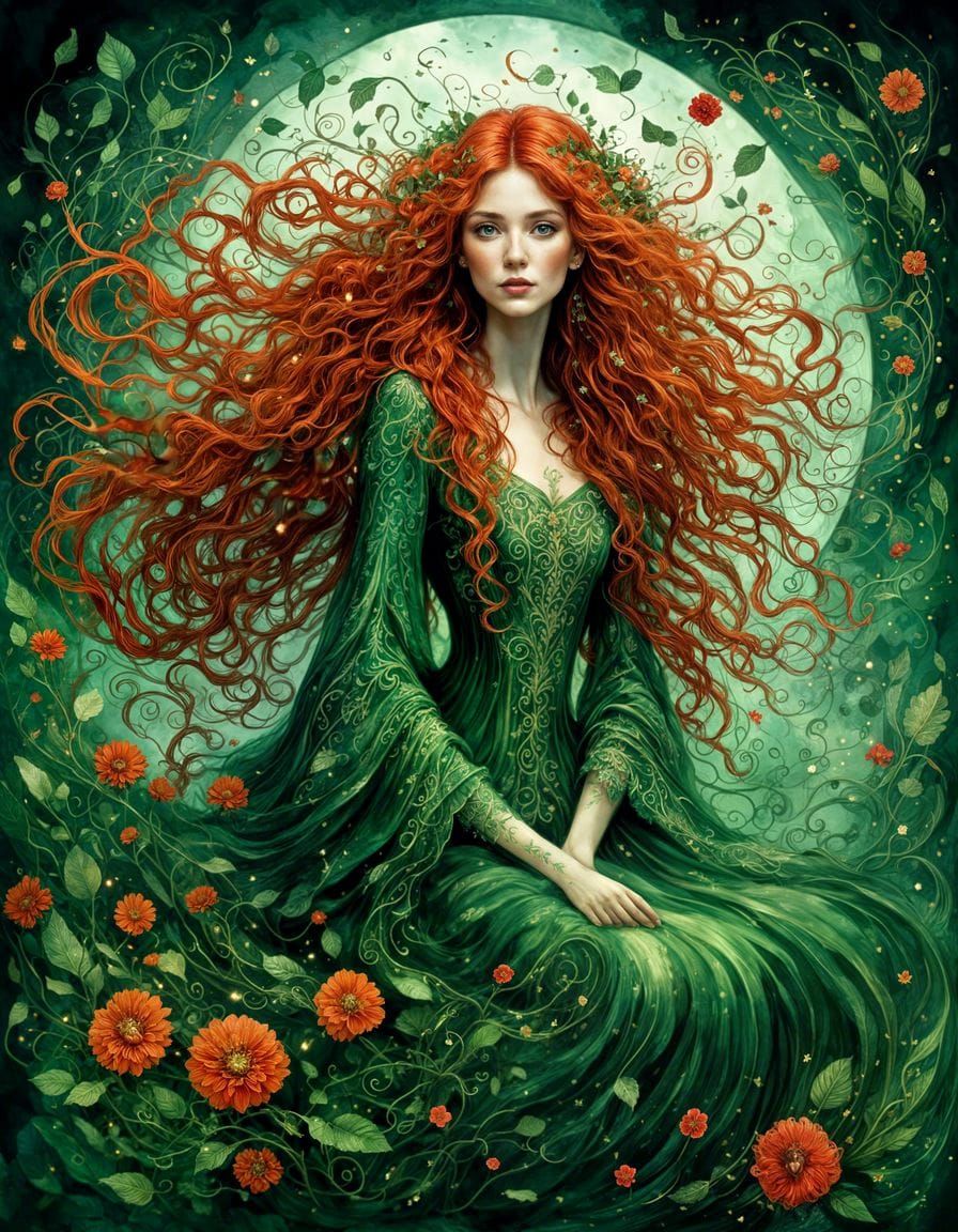 Beautiful Woman with Red Hair in Watercolor Style