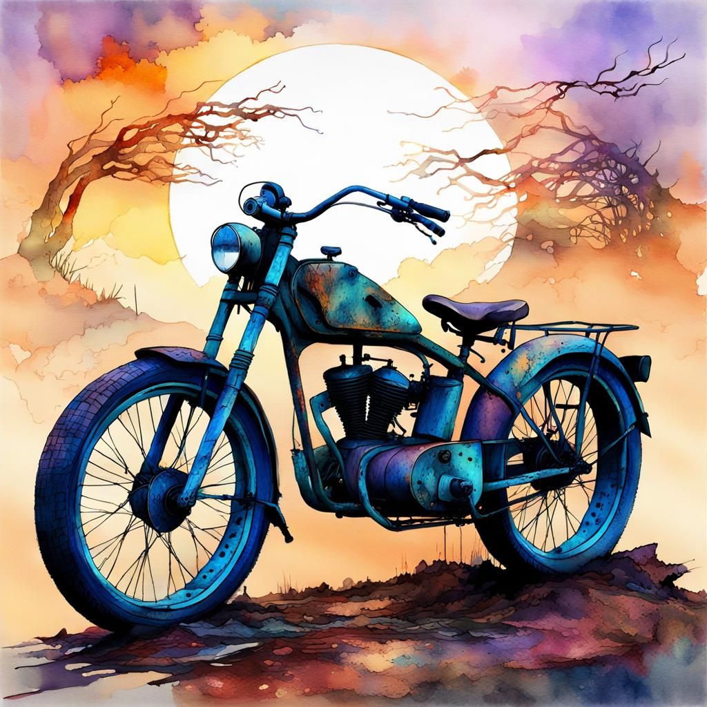 Rusty Old Bike in Watercolor Fantasy Landscape