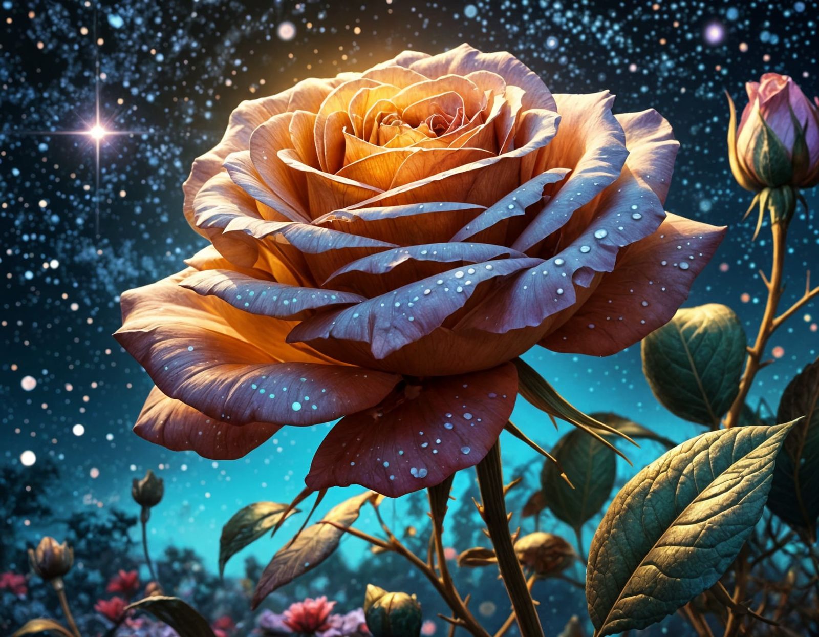 Ethereal Ghost of a Glowing Rose Bush in a Starry Night Sky