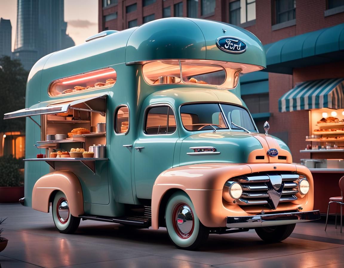 Futuristic 1951 Ford Food Truck in Utopian City