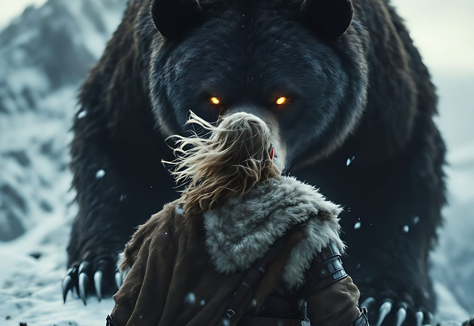Viking Warrior Confronts Ferocious Bear in Snowy Mountains