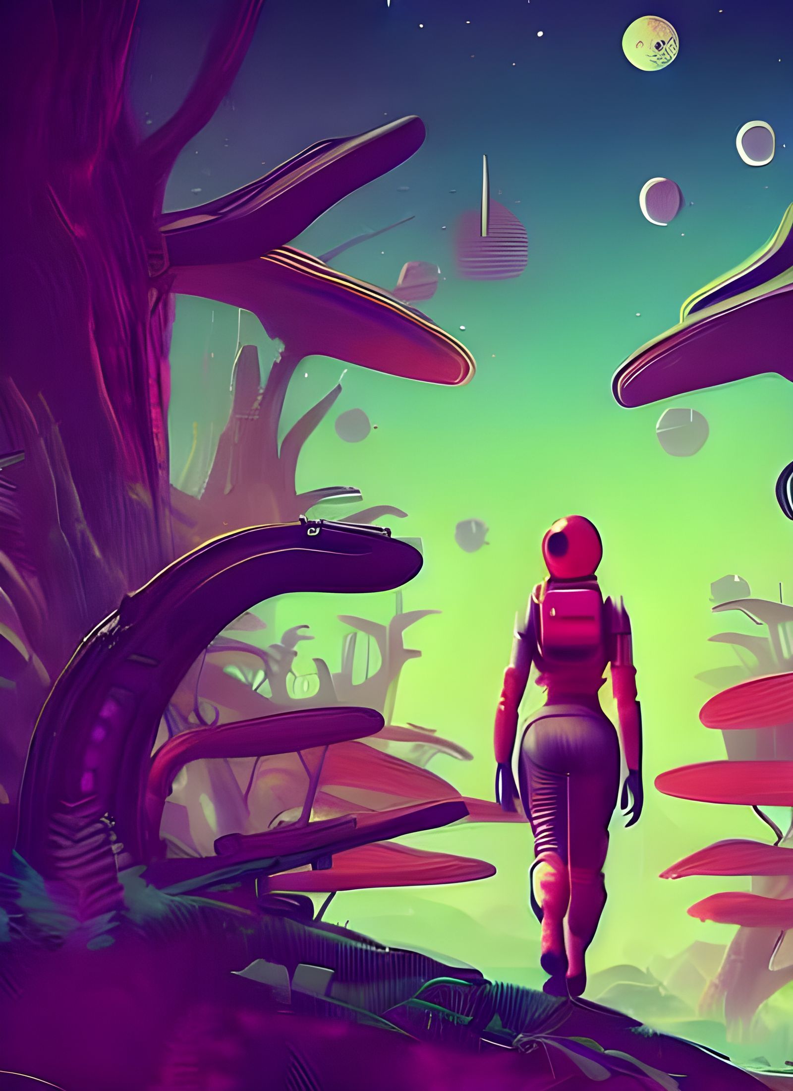 Spacewoman in Alien Forest: Retrofuturistic Atompunk Poster