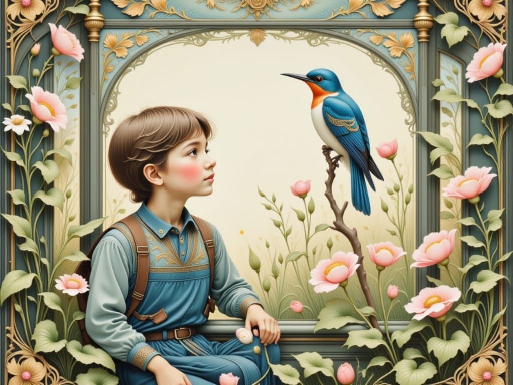 Lonely Boy and Singing Bird Illustration in Decorative Style