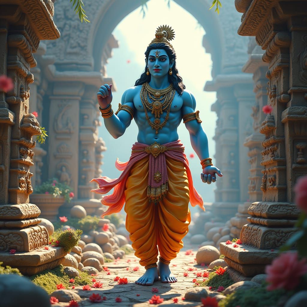 Lord Krishna in Mystical Indian Landscape, Unreal Engine