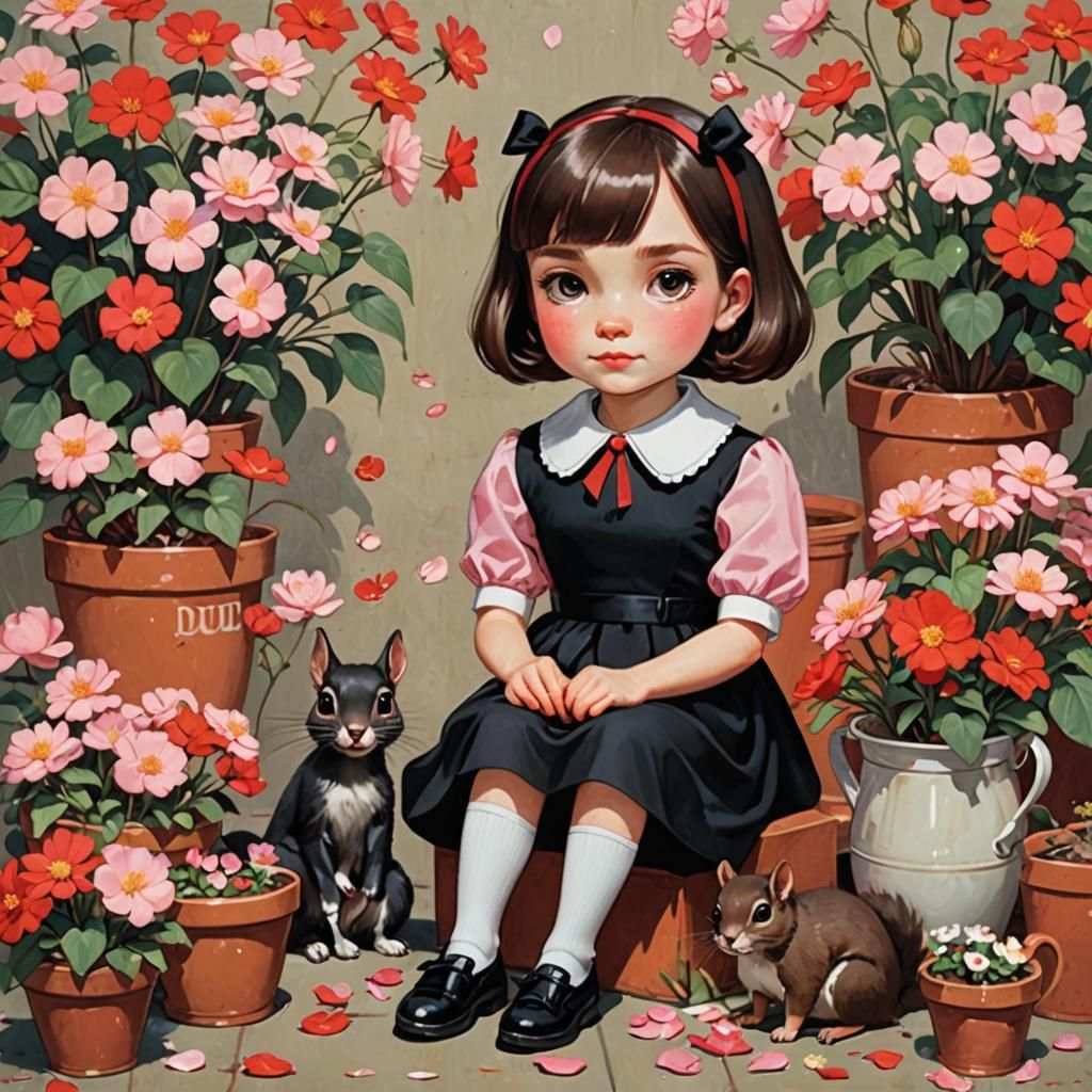 Girl with Squirrel and Flowers in Whimsical Style