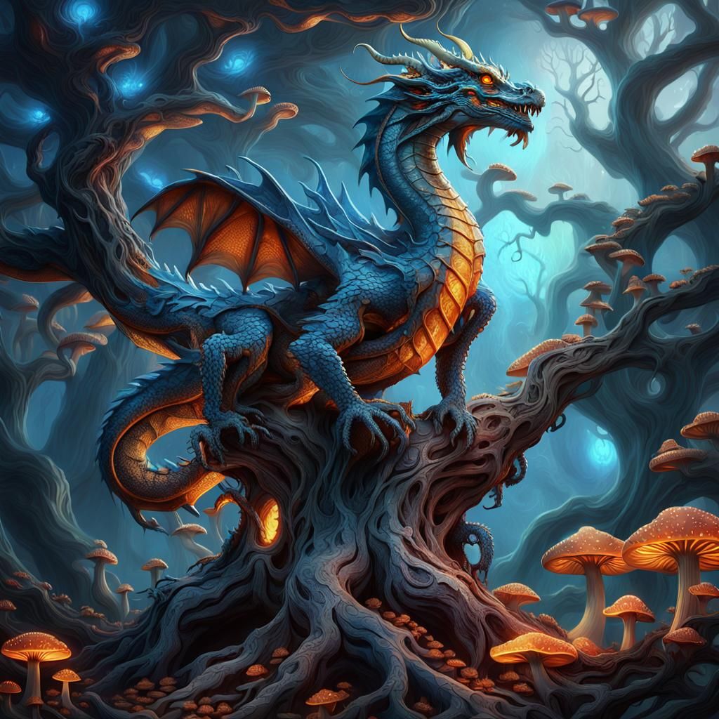 Dragon Perched on Mystical Tree: Fantasy Concept Art