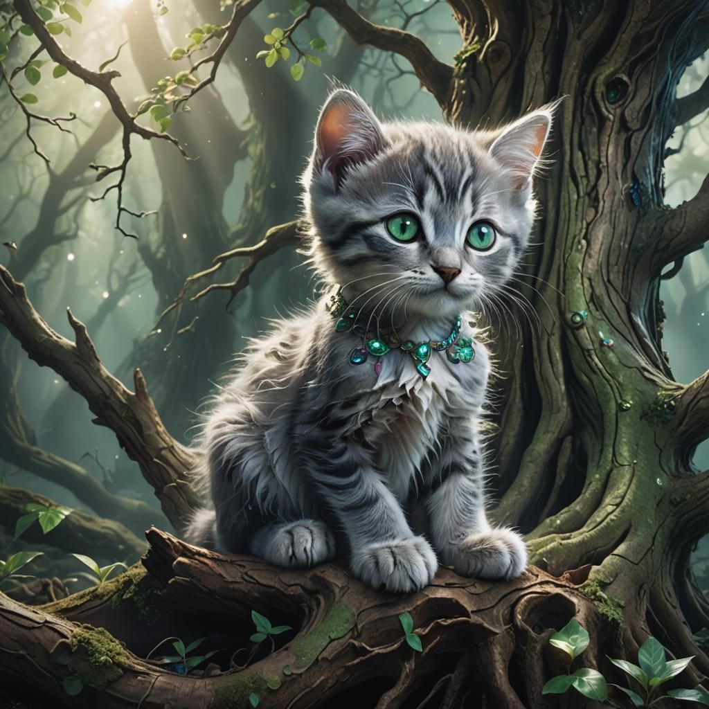 Silver Kitten with Emerald Eyes on Mystic Root