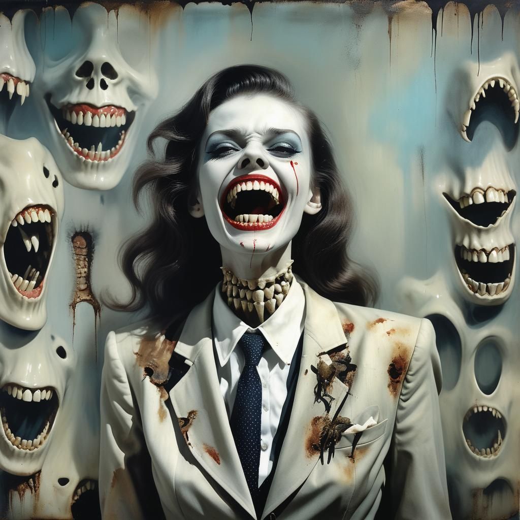 Surreal Vintage Portrait of a Woman with Too Many Teeth