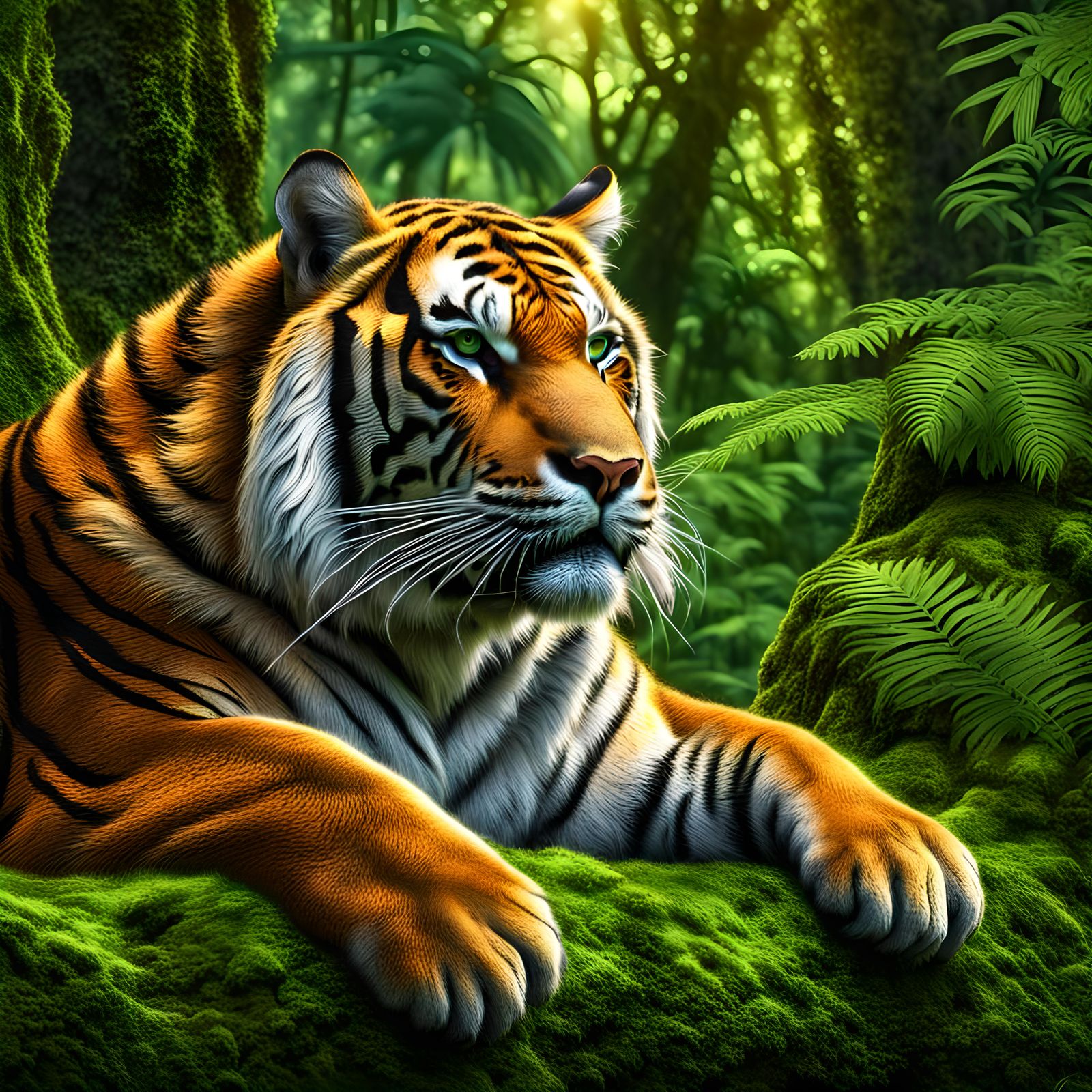 Hyperrealistic Tiger in Lush Rainforest Sunlight