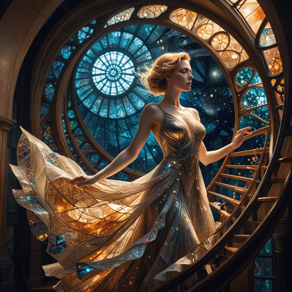 Surreal Woman Ascends to the Galaxy in Stained Glass Gown