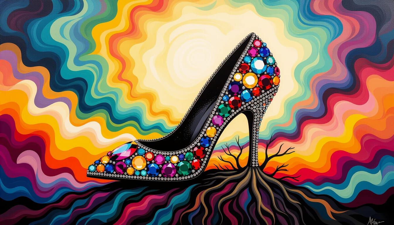 Jeweled Stiletto with Roots in Psychedelic Oil Painting