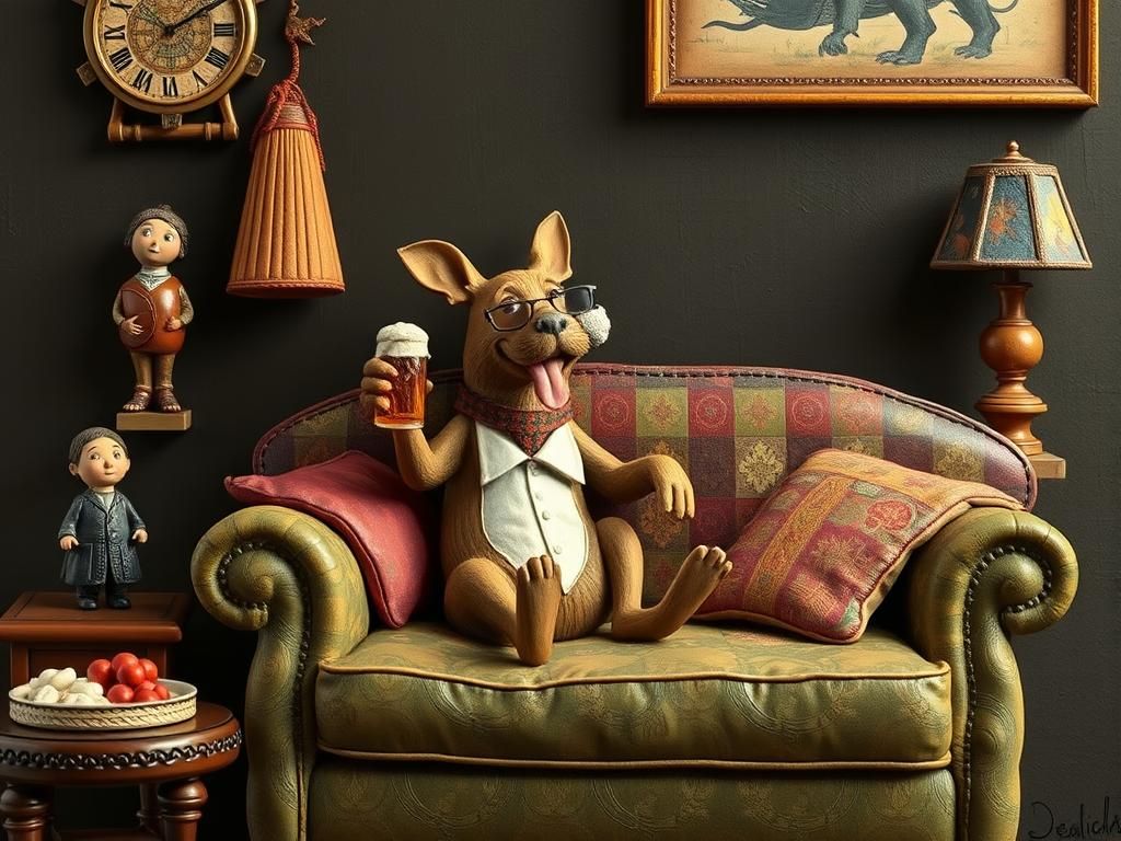 Dog's Whimsical Beer Break as Folk Art