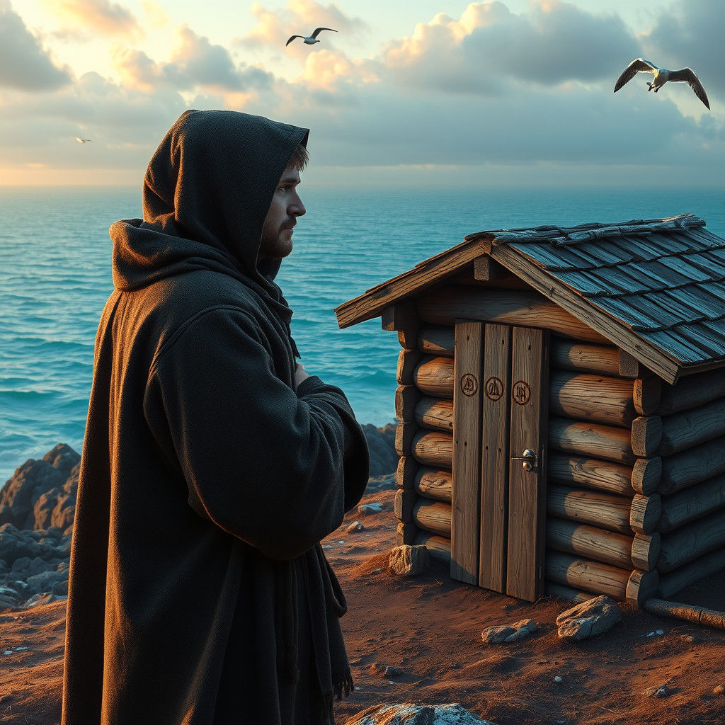 Contemplative Monk on Nordic Beach with Hut