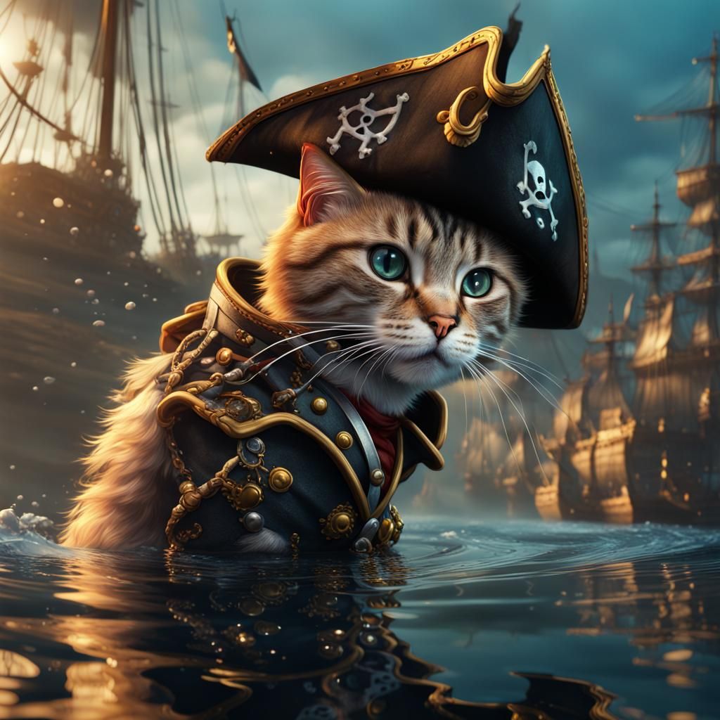 Pirate Cat Contemplates Reflection: Fantasy Art
