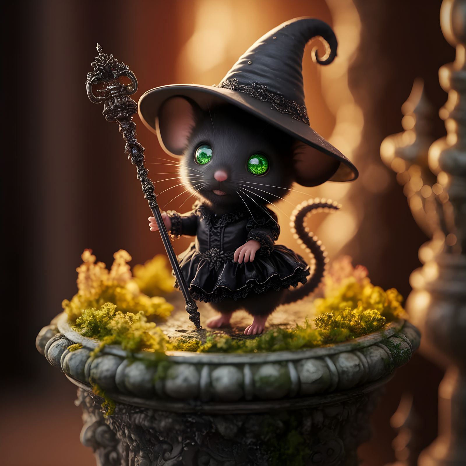 Adorable Chibi Black Mouse Witch in Golden Light